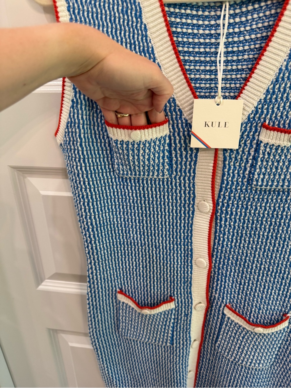 KULE The Virginie Knit Sweater Dress in White/Royal Blue - Picture 7 of 7